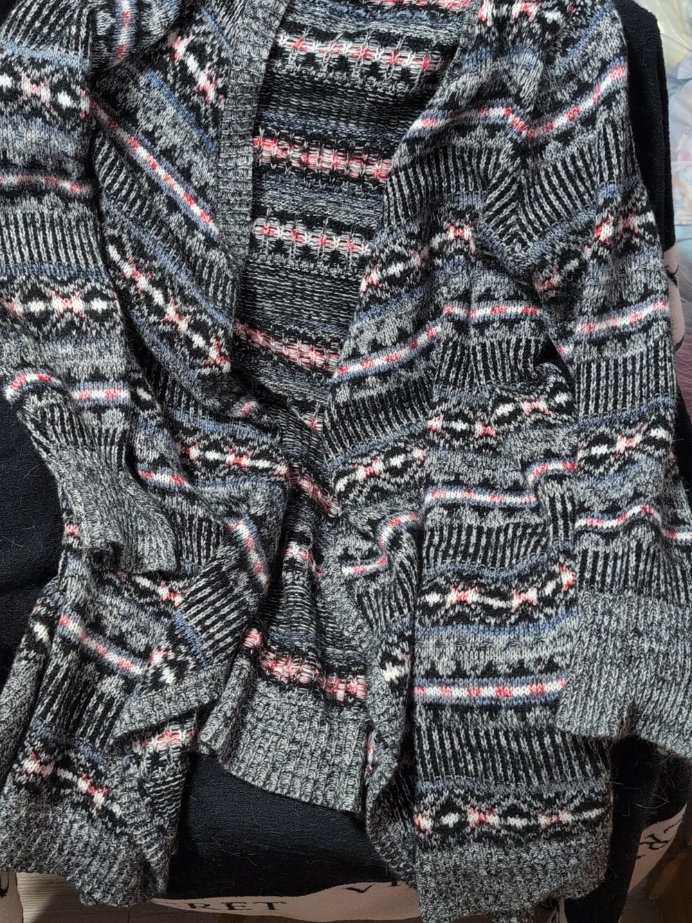 torrid Gray Patterned Open Cardigan with Pink and Blue Accents